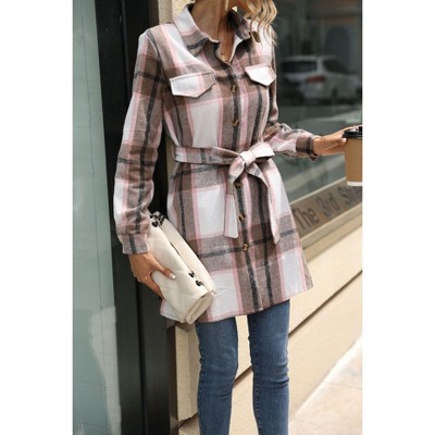Womens Plaid Shirts Dress Flannel Fashion Long Sleeve Lapel Button Down Tartan Long Coats Fall Mini Dress with BeltLight