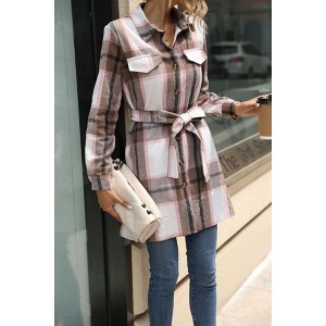 Womens Plaid Shirts Dress Flannel Fashion Long Sleeve Lapel Button Down Tartan Long Coats Fall Mini Dress with BeltLight - 1 of 4