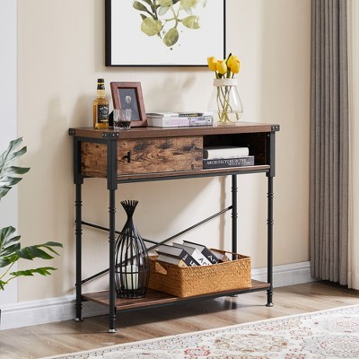 VECELO Vintage Console Side Table with Drawer, Hallway Foyer Table with Rectangle Shelves, 31.5 in. H Sofa Table, Brown
