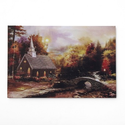 Lakeside Church by the River Lighted Wall Art Canvas Picture - Lighted Religious Décor