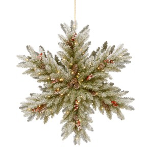 National Tree Company Pre-Lit Artificial Christmas Hanging Snowflake, Green, Dunhill Fir, with Pine Cones, Berry Clusters, Frosted Branches,32 Inches - 1 of 3