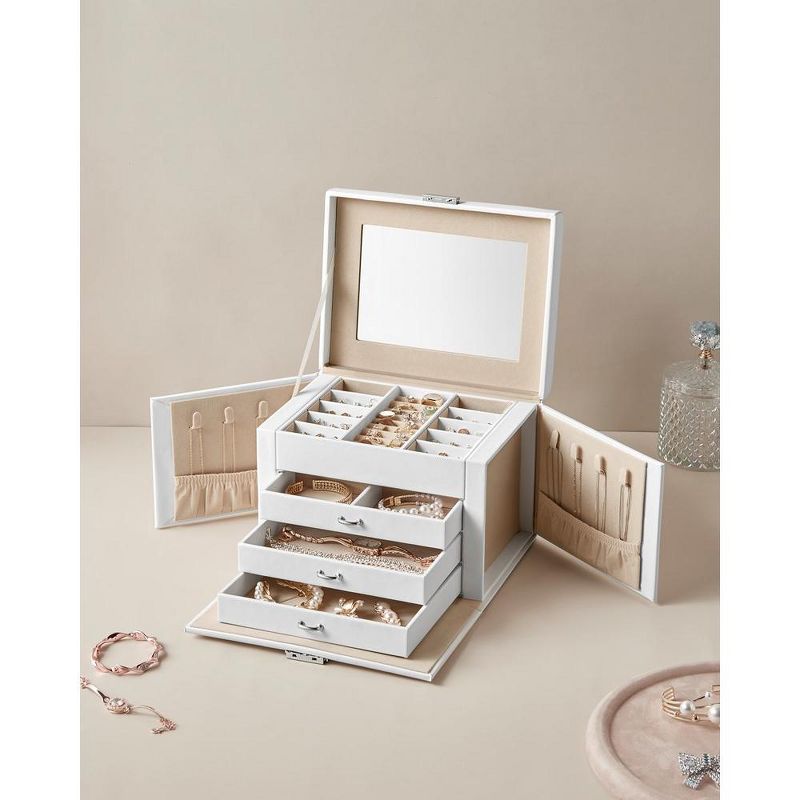 SONGMICS 4-Tier Jewelry Box, Lockable Jewelry Organizer with Handle, 3 Drawers, Travel Jewelry Case with Mirror, Jewelry Storage, White, 3 of 10
