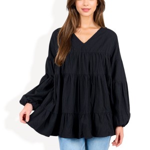 Anna-Kaci Women's V-Neck Tiered Babydoll Top with Long Puff Sleeves - 1 of 4