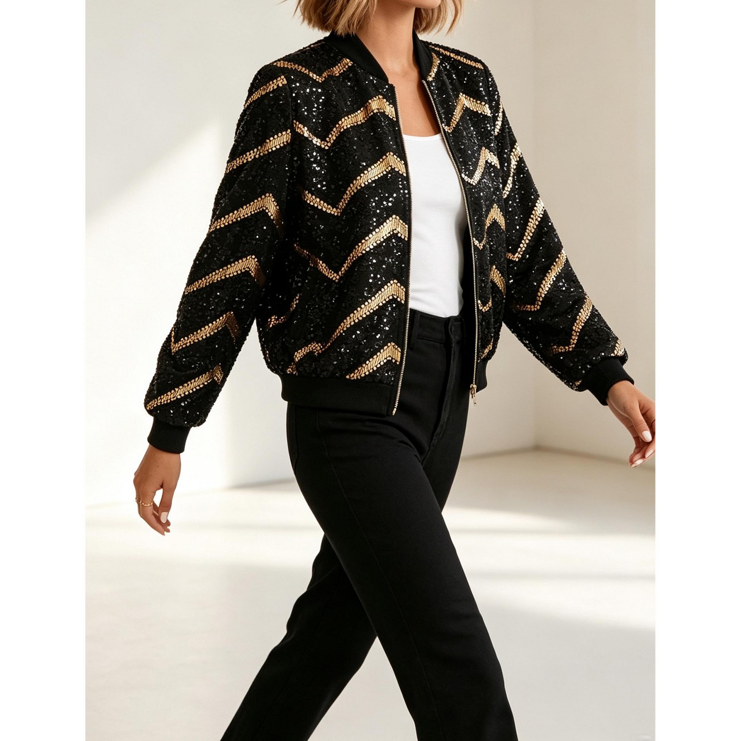 Женская куртка YesFashion Women Gold Print Zip Up Jacket Classic Stand Collar Long Sleeve Casual Cropped Outerwear, Black, цвет: Золотой — фото 2