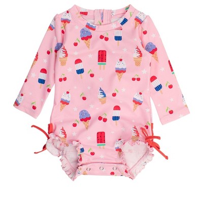 RuffleButts Baby Girls UPF50+ Sun Protected Americana Long Sleeve One Piece Rash Guard