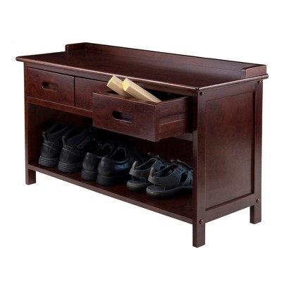 Transitional Walnut Storage Bench with Espresso Faux Leather Cushion
