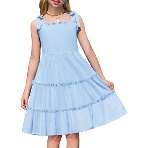 Arshiner Girls Summer Dress Tween Boho Casual Bowknot Strap Sleeveless  Swing Flowy Ruffle Tiered Sundresses with Pockets Light Blue 13-14 Years :  Target