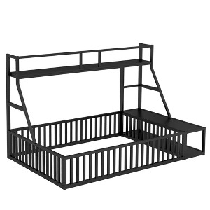 Bellemave Full Size Floor Bed Frame with Safety Fence, Metal Floor Bed with Desk and Storage Shelves, Playhouse for Kids, Black - 1 of 4