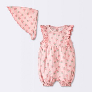 Baby Girls' 2pc Strawberry Fruit Scallop Tank Romper and Bonnet