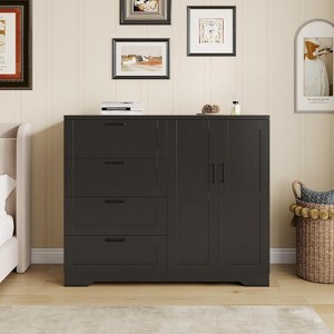 Multifunctional Wood Dresser for Bedroom, 43.3'' H 2 Door Wardrobe Armoire Closet with 4 Drawers and Hanging Rod, Storage Cabinet for Hanging Clothes - 1 of 4