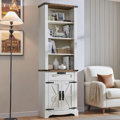 Farmhouse Bookshelf with Storage Cabinet, 72" Tall Bookcase with Drawer and Barn Door for Office Library, Living Room