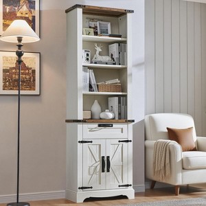Farmhouse Bookshelf with Storage Cabinet, 72" Tall Bookcase with Drawer and Barn Door for Office Library, Living Room - 1 of 4
