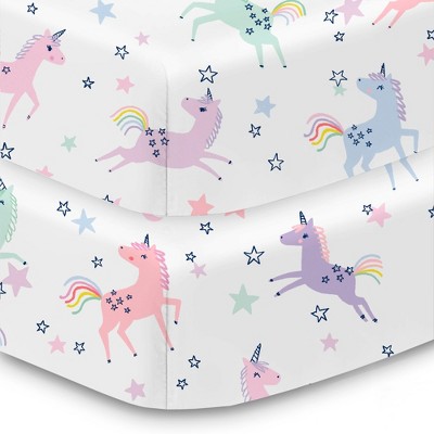 BreathableBaby Cotton Percale Fitted Sheet, For 52" x 28" Crib & Toddler Bed Mattress, AFB Unicorns (2-Pack)