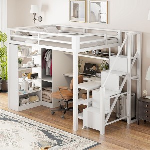 YOOCOZZ Metal Loft Bed with L-Shaped Desk, 5-Layer Shelf, USB Ports and Large Wardrobe - White - 1 of 4