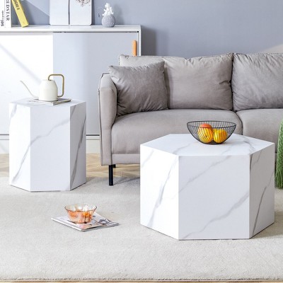 CAVINAS Coffee Tables for Living Room Modern Hexagonal Coffee Table Wood Marble Patterned Side Table for Dining Room and Bedroom