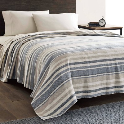 Twin Blue and Ivory Cotton Herringbone Stripe Blanket