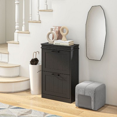 TIRAMISUBEST Black Narrow Shoe Cabinet for Entryway - Freestanding Storage Organizer with 2 Flip Drawers & Adjustable Shelves