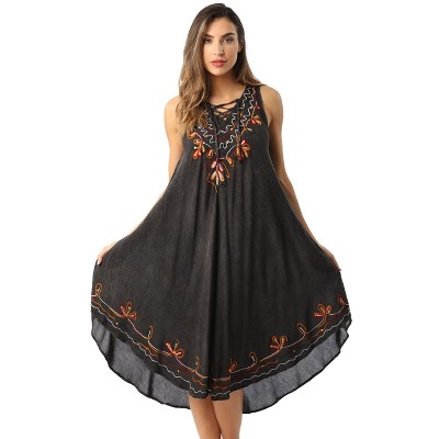 Riviera Sun Acid Wash Lace Up Embroidered Dress for Women