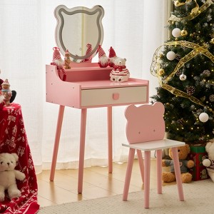 KTMBDW Kids Vanity Table and Chair Set, Girls Vanity Set with Stool, Mirror, Makeup Dressing Princess Table with Drawer for Little Girls - 1 of 4