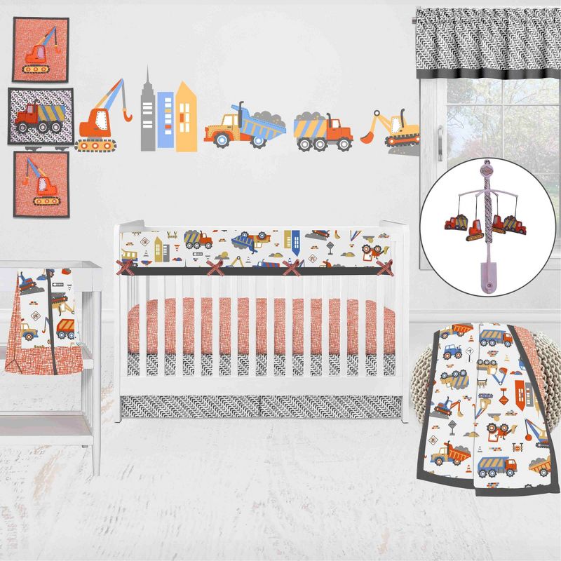 Bacati - Construction Yellow Orange Blue Gray 10 pc Crib Bedding Set with Long Rail Guard Cover, 1 of 12