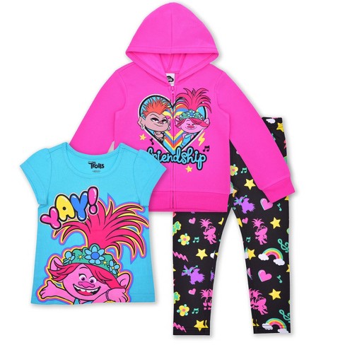 Trolls Girl's 3-pack Barb And Poppy Bff Zip Up Hoodie, Short