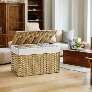 Storage Basket with Lid, 27.7 Gallon (105L) Woven Storage Bin. Features handles, a removable liner, and a metal frame. - 1 of 4