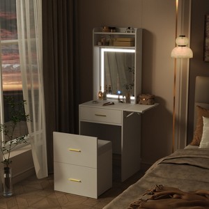 TIRAMISUBEST Small Vanity Desk with Mirror and Light, Dressing Table with Charging Station & Fold-up Panel, Makeup Vanity Set with Hidden Stool - 1 of 4