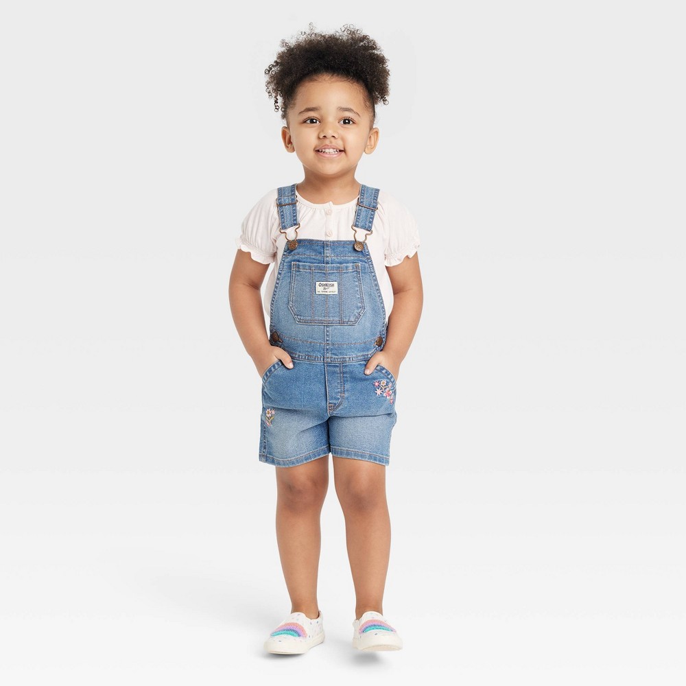 OshKosh B'gosh Toddler Girls' Embroidered Floral Denim Shortalls - Blue Wash 4T