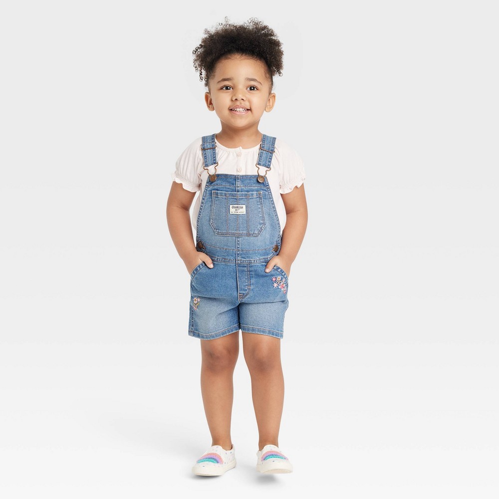 OshKosh B'gosh Toddler Girls' Embroidered Floral Denim Shortalls - Blue Wash 18M case pack of 12