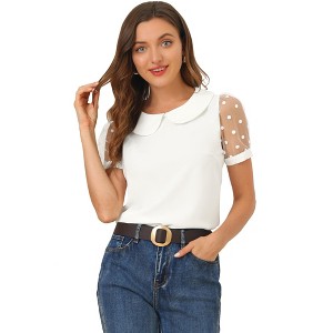 INSPIRE CHIC Women's Vintage Peter Pan Collar Puff Polka Dots Mesh Short Sleeve Blouse - 1 of 4