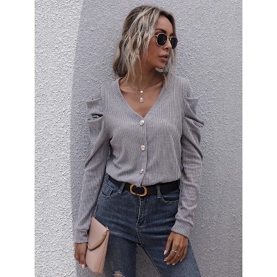 Women Cardigan Slim Fit V-Neck Short Knit Cardigan Lamb Leg Sleeves