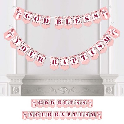 Big Dot of Happiness Baptism Pink Elegant Cross - Girl Religious Party Bunting Banner - Party Decorations - God Bless Your Baptism