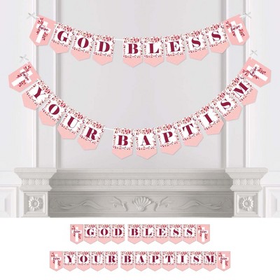 Big Dot of Happiness Baptism Pink Elegant Cross - Girl Religious Party Bunting Banner - Party Decorations - God Bless Your Baptism