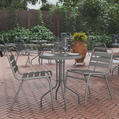 Bellamy 23.6'' Round Silver Metal Table with Tempered Glass Top