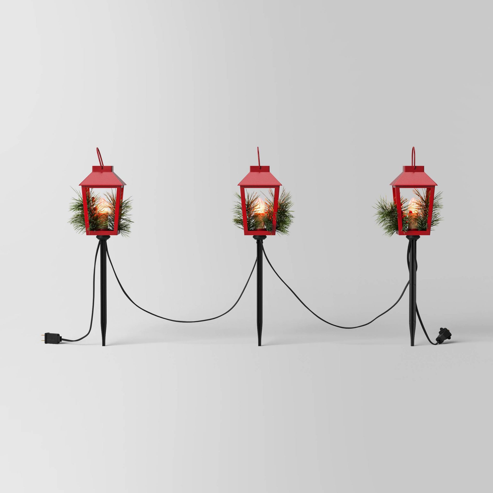 3pc Incandescent Red Metal Lantern with Greenery Christmas Novelty Path Light Clear - Wondershop™: UL Listed, Festive Outdoor Decor