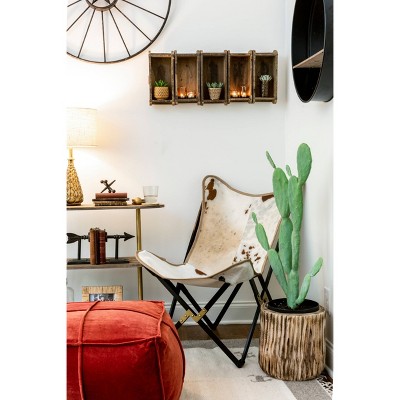 Contemporary Black Metal & Wood Round Wall Mirror with Shelf