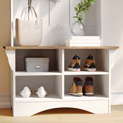 Weathered Natural Seat White Hall Tree with Storage and Hooks