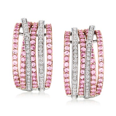 Ross-Simons 2.10 ct. t.w. Pink Sapphire and .27 ct. t.w. Diamond Highway Earrings in 2-Tone Sterlng Silver