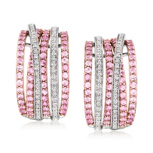 Ross-Simons 2.10 ct. t.w. Pink Sapphire and .27 ct. t.w. Diamond Highway Earrings in 2-Tone Sterlng Silver - 1 of 4