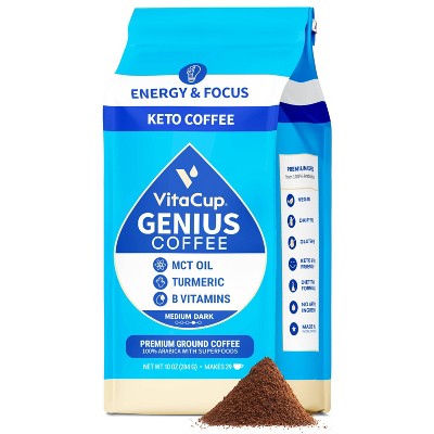 VitaCup Genius Ground Coffee w/ KETO MCT Oil, Turmeric, & B Vitamins (Energy & Focus) Medium Roast - 10oz