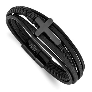 Chisel Stainless Steel Black IP-plated Cross Black Polyurethane and Leather Multi Strand 8.75" Bracelet - 1 of 4