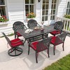 6-Person Cast Aluminum Patio Dining Set with Rectangle Table, 2 swivel chairs and 4 fixed dining chairs, Red Cushions and Umbrella Hole - 2 of 4