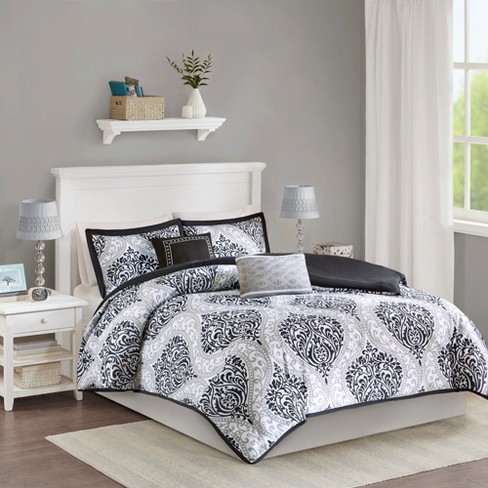 Black Chelsea Damask Print Duvet Cover Set King California King