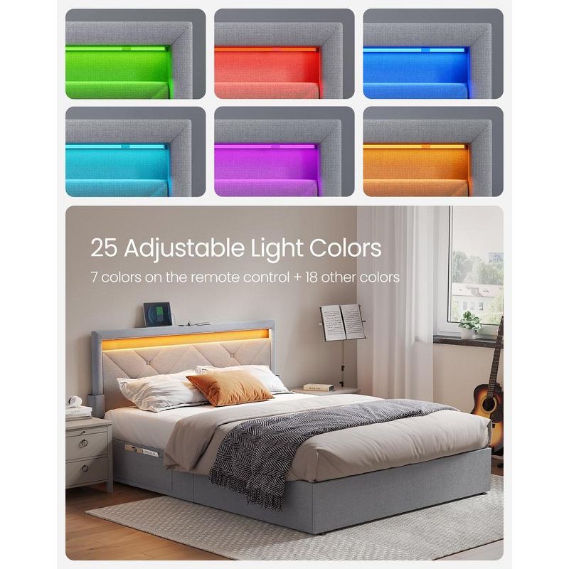 VASAGLE LED Bed Frame Queen/Full/Twin Size with Headboard and 4 Drawers, 1 USB Port and 1 Type C Port, Adjustable Upholstered Headboard, Grey, 2 of 6