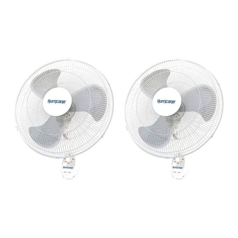 Hurricane Supreme 18 Inch 90 Degree Oscillating Indoor Wall Mounted 3 Speed Fan with Adjustable Tilt and Pull Chain Control, White (2 Pack), 1 of 7