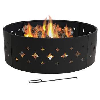 Sunnydaze Outdoor Heavy-Duty Steel Portable Large Round Diamond Cut Out Fire Pit Ring with Log Poker - 36" - Black