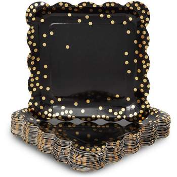 Sparkle and Bash 48-Pack Black Gold Polka Dot Square Disposable Paper Dinner Plates Scalloped Edge, Party Supplies 9"