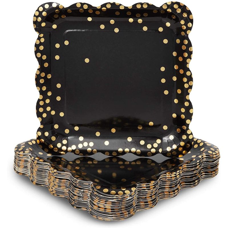Sparkle and Bash 48-Pack Black Gold Polka Dot Square Disposable Paper Dinner Plates Scalloped Edge, Party Supplies 9", 1 of 5