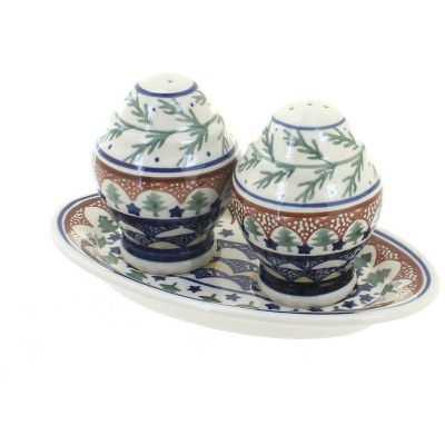 Blue Rose Polish Pottery Evergreen Salt & Pepper Shakers with Plate