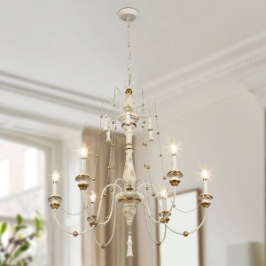 LNC Andromeda French Country/Cottage Candle Tiered Chandelier,Distressed White Wood and Antique Gold - 1 of 4